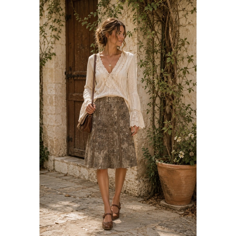Boho Chic Cottage Romantic Classic Gray Paisley Jacquard‎ Lined 12 Midi Skirt